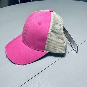 Baseball Cap Hat Womans Pink Adams Upscale Fashion Wear Distressed Look Trucker